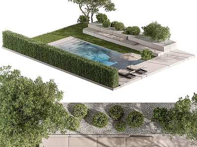 Modern Garden Landscape Design With Rectangular Pool Trimmed Hedge Lounge Chairs And Trees 3d model
