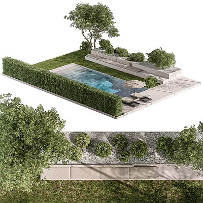 Modern Garden Landscape Design With Rectangular Pool Trimmed Hedge Lounge Chairs And Trees 3d model