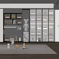 Modern Wine Cabinet Interior With Glass Doors Gold Frame And Decorative Wine Bottles Glassware