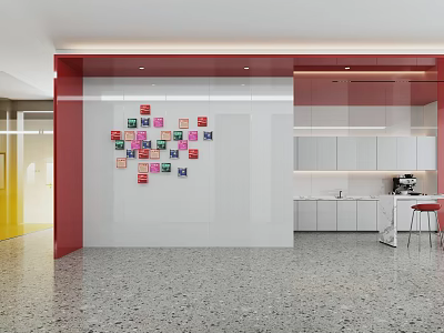 Modern Break Room Design With Colorful Wall Decorations White Cabinets Coffee Machine Red Stools 3d model