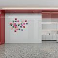 Modern Break Room Design With Colorful Wall Decorations White Cabinets Coffee Machine Red Stools