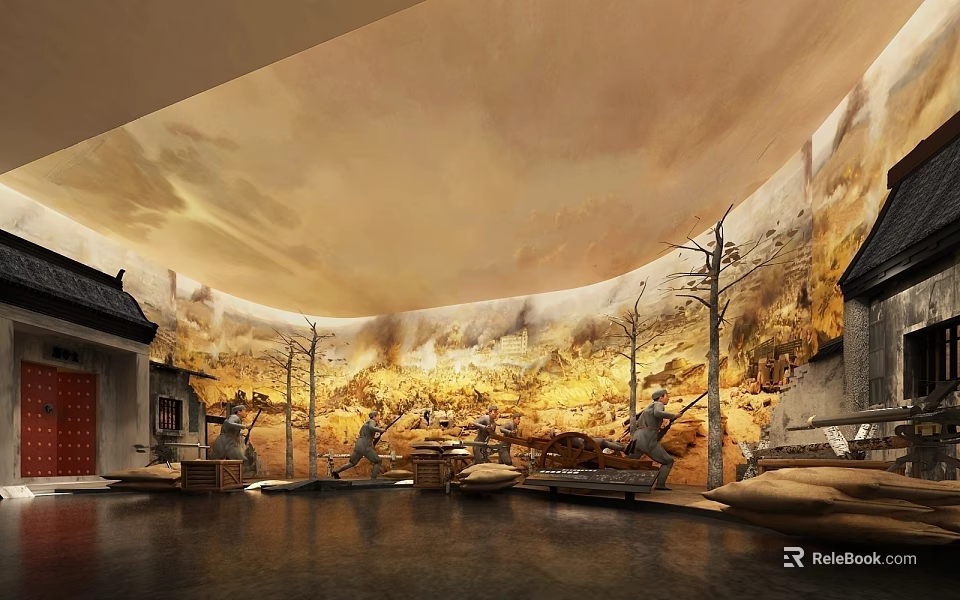 Traditional Cultural Center Interior Design With Mural Art Exhibition Areas And Decorative Elements 3d model 