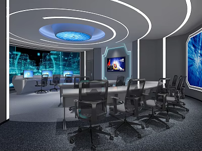 Hi tech Modern Control Room With Multiple Monitoring Screens Workstations And Ergonomic Chairs 3d model