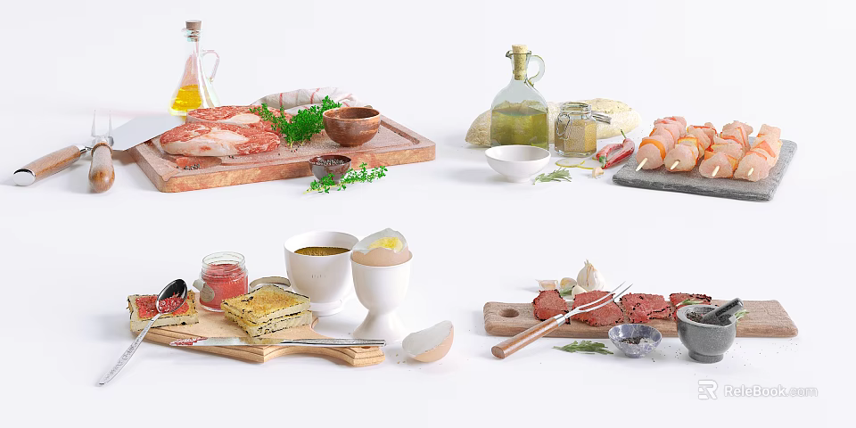 Cooking Ingredients Spread with Raw Meat Olive Oil Fresh Herbs Eggs Cheese and Seasonings 3d model 
