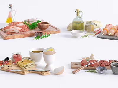 Cooking Ingredients Spread with Raw Meat Olive Oil Fresh Herbs Eggs Cheese and Seasonings 3d model