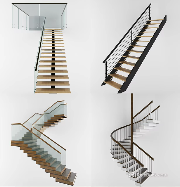 Modern Contemporary Staircase Designs With Wooden Steps Glass Railings And Metal Handrails 3d model 