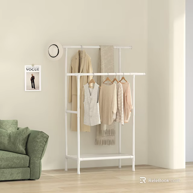White Clothes Rack with Hanging Coats Blouses and Scarves in Modern Living Room Interior 3d model 