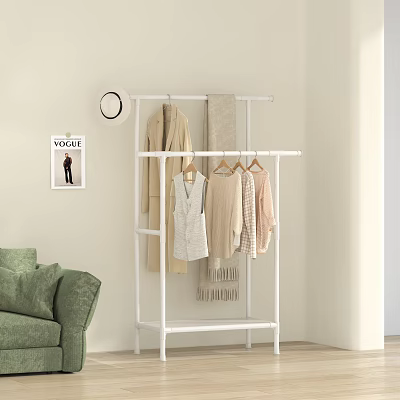 White Clothes Rack with Hanging Coats Blouses and Scarves in Modern Living Room Interior 3d model