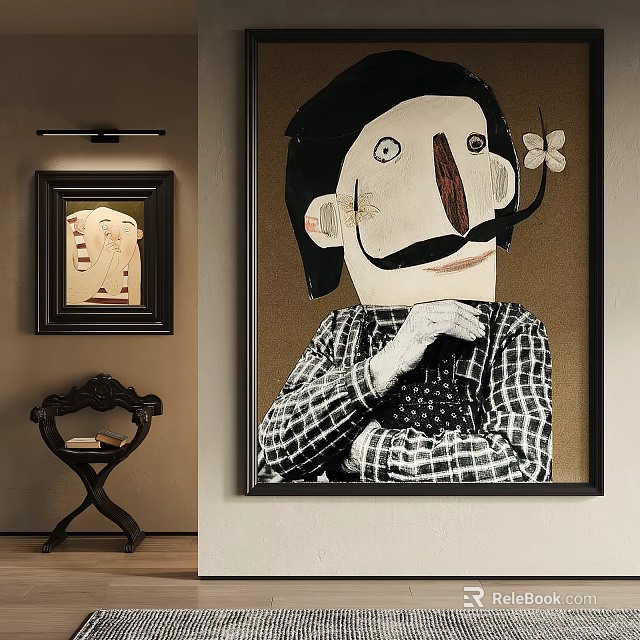 Figurative Portrait Painting Featuring Large Nose Small Mustache Plaid Shirt Brown Background And Wooden Table 3d model 
