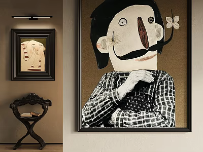 Figurative Portrait Painting Featuring Large Nose Small Mustache Plaid Shirt Brown Background And Wooden Table 3d model