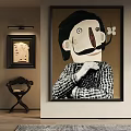 Figurative Portrait Painting Featuring Large Nose Small Mustache Plaid Shirt Brown Background And Wooden Table