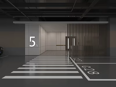 Modern Parking Garage Entrance With Number 5 Sign Striped Floor And Parked Car 3d model