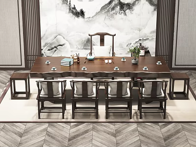 Chinese Style Tea Table and Chairs with Mountain Painting Backdrop and Tea Sets 3d model