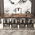 Chinese Style Tea Table and Chairs with Mountain Painting Backdrop and Tea Sets