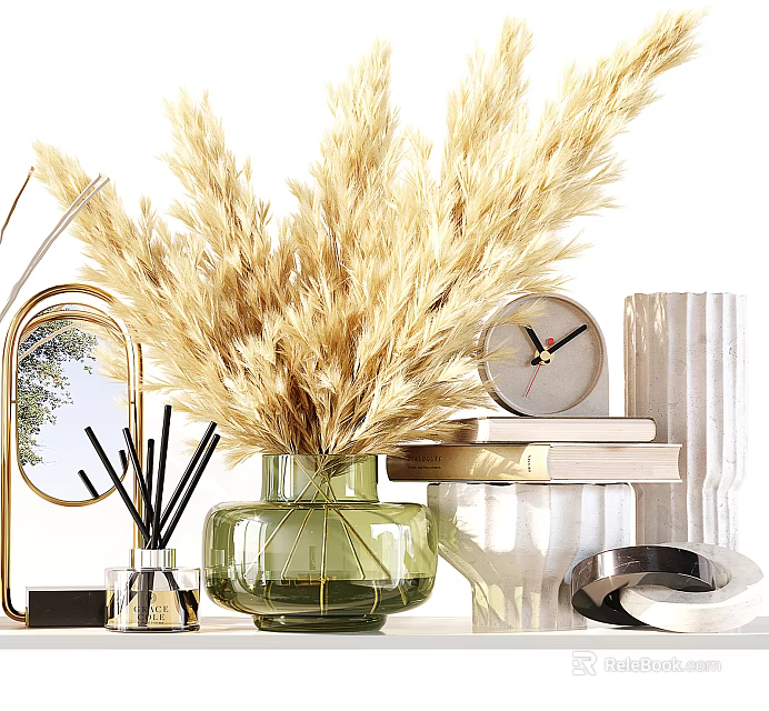 Elegant Decorative Ornament Set With Dried Pampas Grass Green Vase Golden Mirror And Clock 3d model 