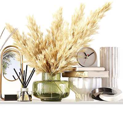 Elegant Decorative Ornament Set With Dried Pampas Grass Green Vase Golden Mirror And Clock 3d model