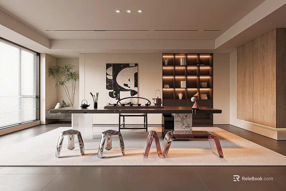 Modern Style Tea Room With Long Table Stools And Display Shelves 3d model
