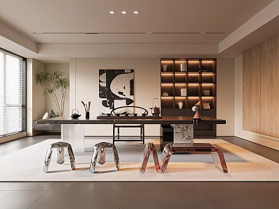 Modern Style Tea Room With Long Table Stools And Display Shelves 3d model