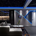 Modern Home Theater Interior With Starry Sky Ceiling Blue Ambient Lighting And Gray Sofa