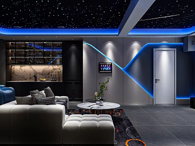 Modern Home Theater Interior With Starry Sky Ceiling Blue Ambient Lighting And Gray Sofa 3d model