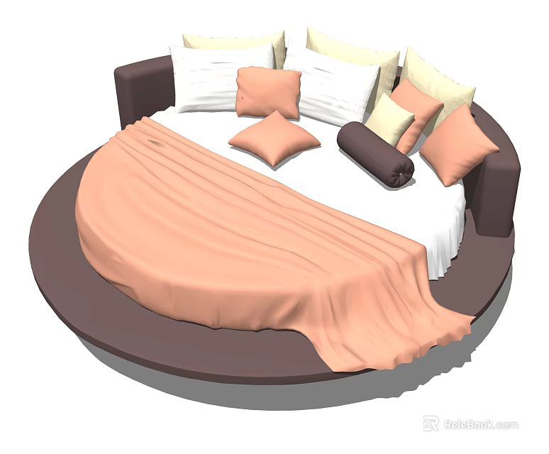 Round Bed Interior Design With Pink Blanket White Pink Pillows And Dark Headboard 3d model 