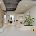 Modern Leisure Space Interior With Curved Seating Built in Shelves Large Plants And Spherical Decor