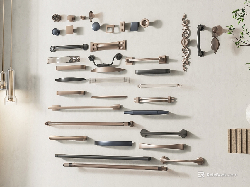 Various Modern Cabinet Door Handles in Different Styles Displayed on Wall 3d model 