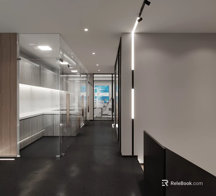 Modern Elevator Hallway Design With Glass Partitions LED Lighting And Polished Floor 3d model 
