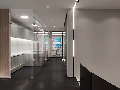 Modern Elevator Hallway Design With Glass Partitions LED Lighting And Polished Floor 3d model