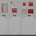 White Safety Doors On Wall With Red Fire Extinguisher Cabinets Alarm Devices And Green Signs