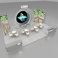 Exhibition Reception Desk Featuring Circular Logo Black Bottle Design Green Screens And Light Tables Chairs