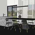 Modern Bright Restaurant Interior With Marble Dining Table Black Chairs Vase And Window Blinds 3d model
