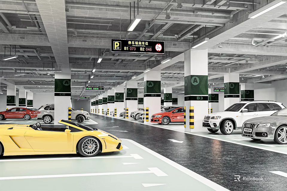 Modern Parking Lot with Multiple Cars Green Pillars Signs Lighting and Clear Parking Lines 3d model 