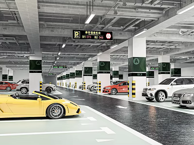 Modern Parking Lot with Multiple Cars Green Pillars Signs Lighting and Clear Parking Lines 3d model