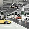 Modern Parking Lot with Multiple Cars Green Pillars Signs Lighting and Clear Parking Lines