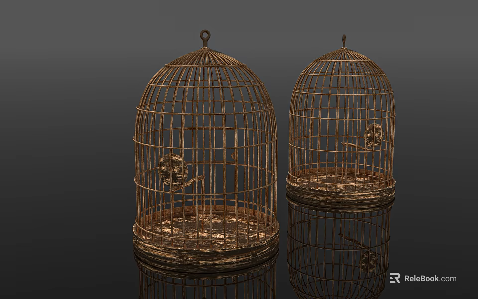 Two Ornate Golden Metal Birdcages On Black Background With Reflections 3d model 