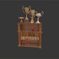 Vintage Bookshelf With Trophies Books And Red Balls For Home Decor