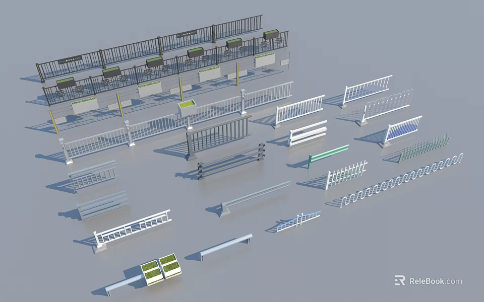 Multiple Styles of Architectural Railings Featuring Metal Balustrades and Green Accent Panels 3d model 