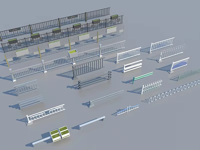 Multiple Styles of Architectural Railings Featuring Metal Balustrades and Green Accent Panels 3d model