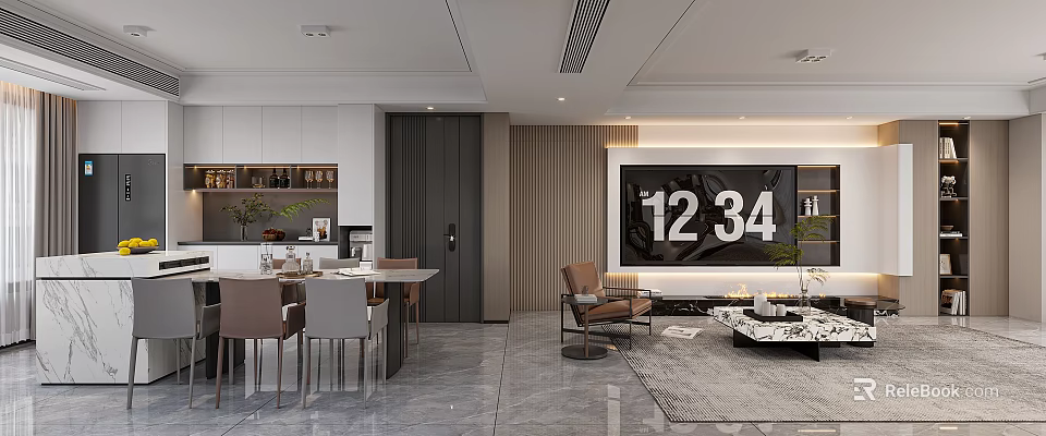 Modern Minimalist Open Living And Dining Room With Sleek Marble Floor And Elegant Furnishings 3d model 