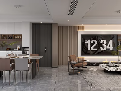 Modern Minimalist Open Living And Dining Room With Sleek Marble Floor And Elegant Furnishings 3d model