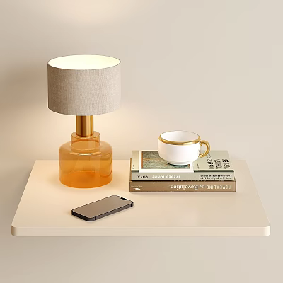 Amber Glass Table Lamp with Gray Shade on White Table Books Mug and Smartphone 3d model