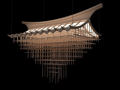 Traditional Pagoda Roof Design Wooden Chandelier With Hanging Slats And Warm Illumination 3d model