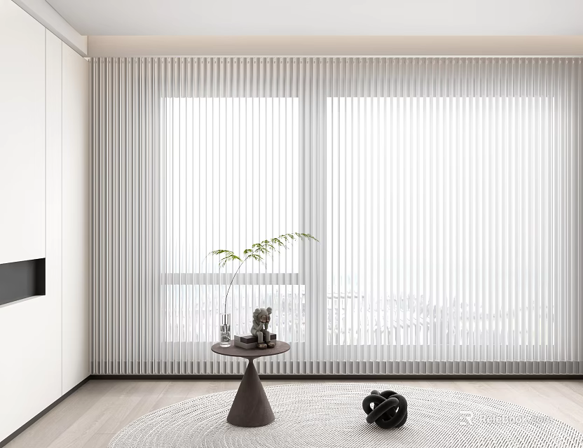 Modern Minimalist Room Interior With Vertical Blinds Large Windows And Decorative Elements 3d model 