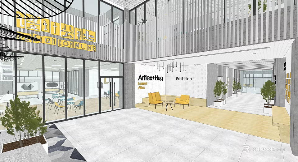 Modern Office Interior Design With Glass Windows Yellow Chairs And Exhibition Area 3d model 