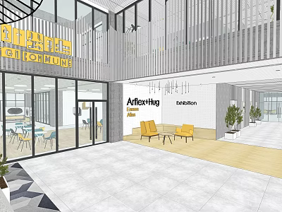 Modern Office Interior Design With Glass Windows Yellow Chairs And Exhibition Area 3d model