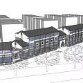 Modern Multi Storey Commercial Complex with Glass Windows and Arched Entrance Surrounded by Trees