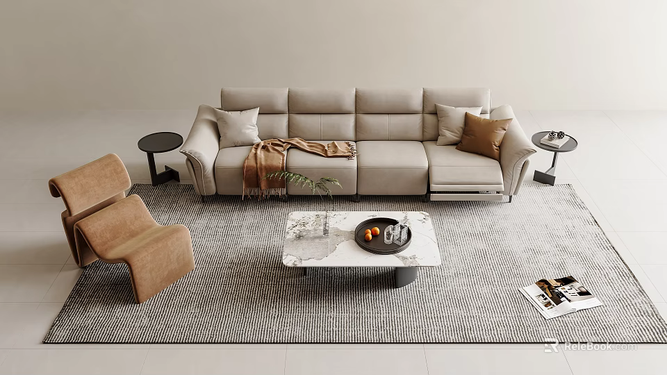 Modern Light Gray Sofa Coffee Table Set With Marble Top Beige Pillows Blanket Brown Armchairs 3d model 