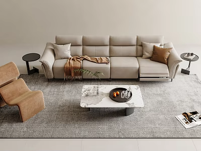 Modern Light Gray Sofa Coffee Table Set With Marble Top Beige Pillows Blanket Brown Armchairs 3d model