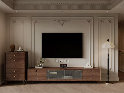 Elegant Modern Wooden TV Stand with Decorative Wall Panels TV Decorative Items and Floor Lamp 3d model